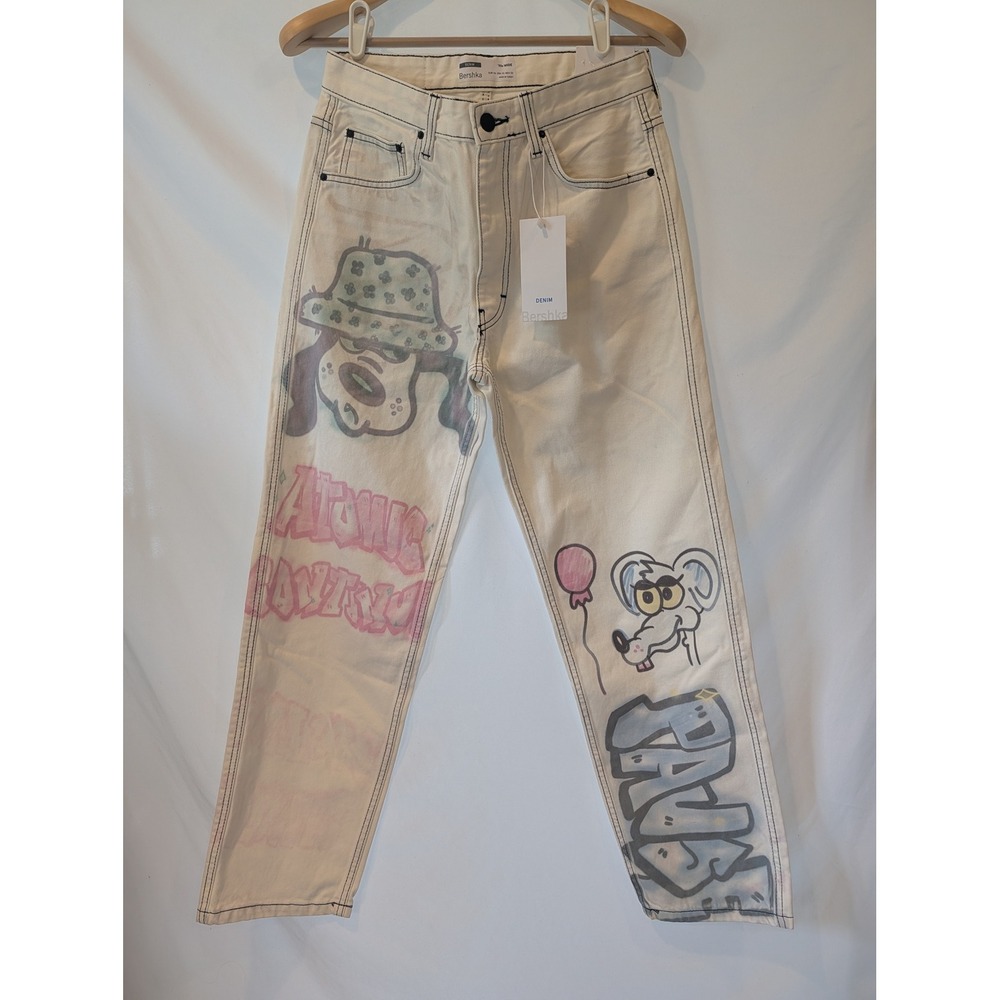 Bershka 90s Wide Leg Jeans Ecru Graffiti Cartoon Print High Rise Size 30 NEW